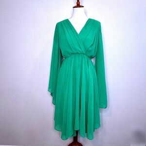 MEGHAN LA Sunset Dress Emerald Green Midi SMALL Draped Surplice Bodice Fairy